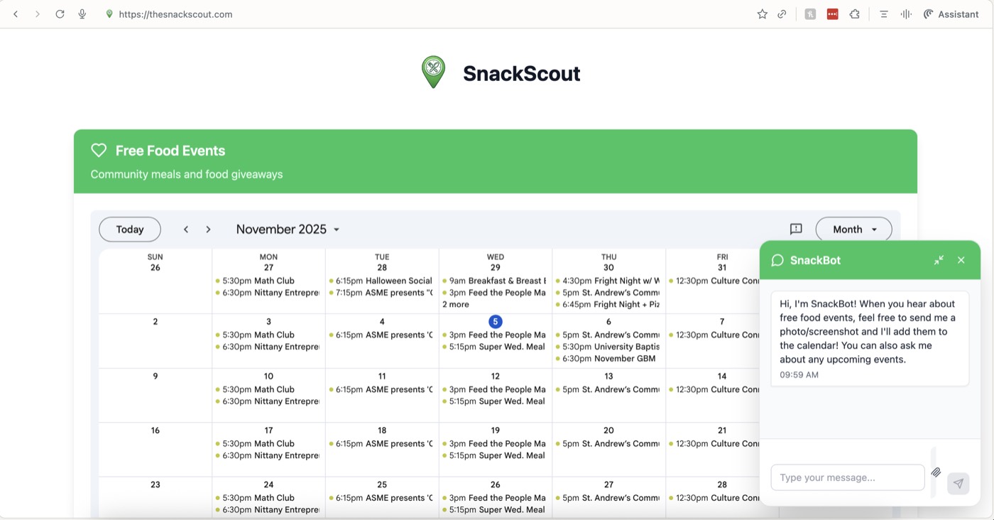 The SnackScout calendar interface showing free food events