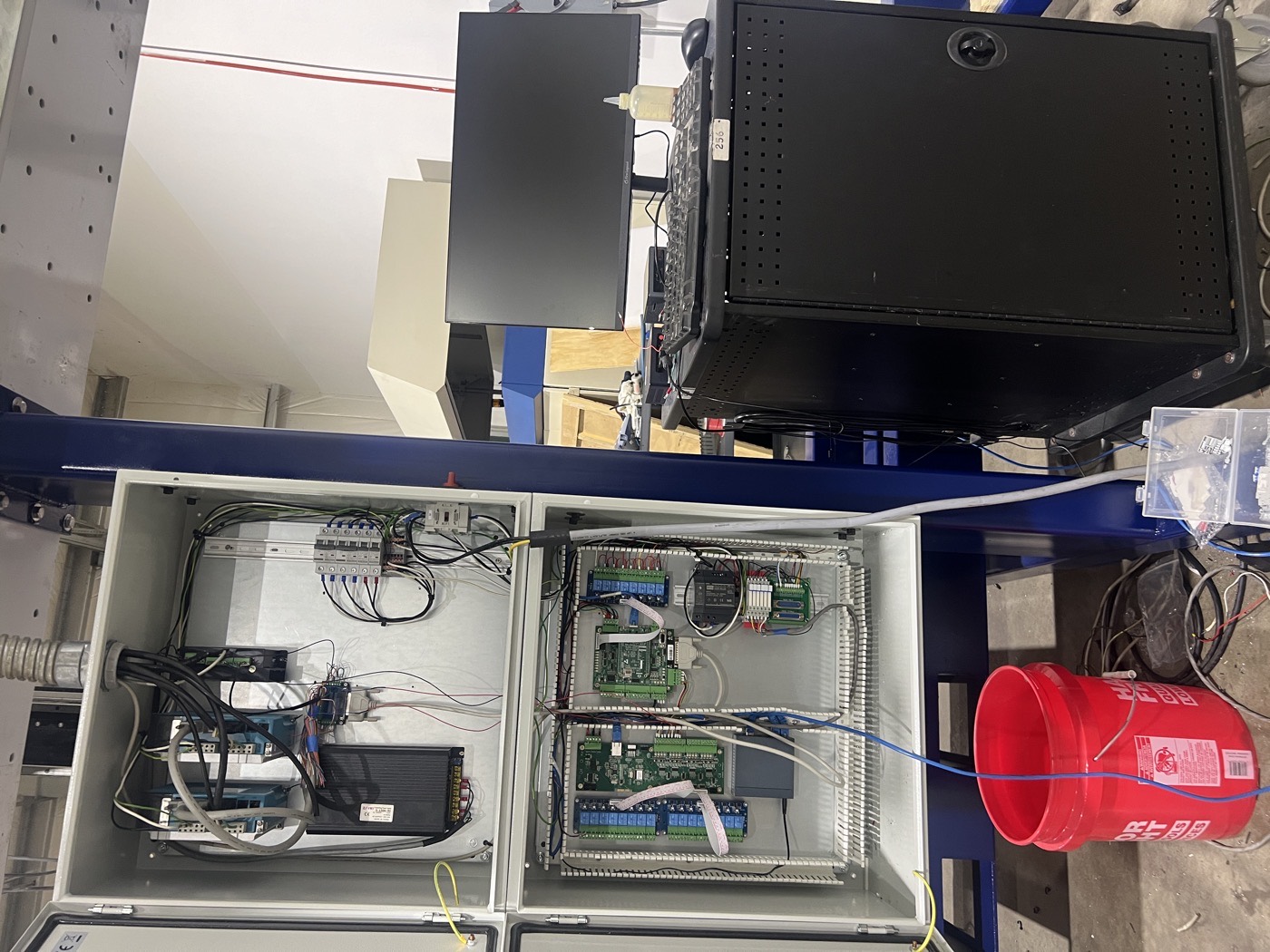 One of two custom control boxes, wired