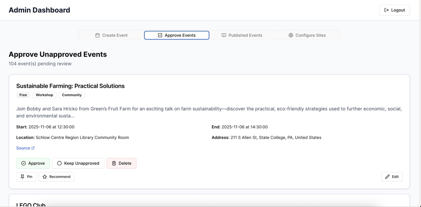 Admin dashboard showing events awaiting approval